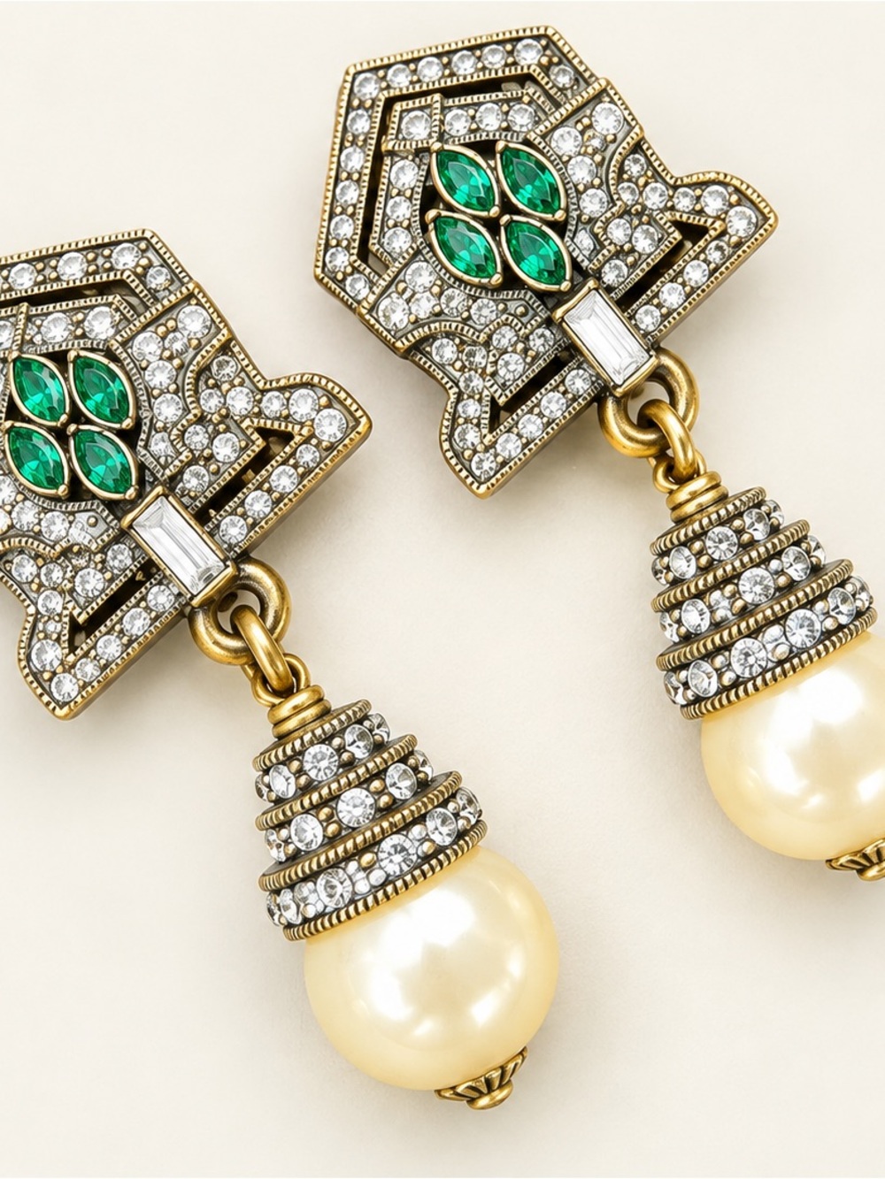 Heidi Daus Art Deco-Inspired Pearl and Crystal earrings.